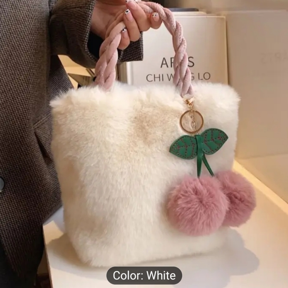 Faux Fur White Handbag with Pink Accents